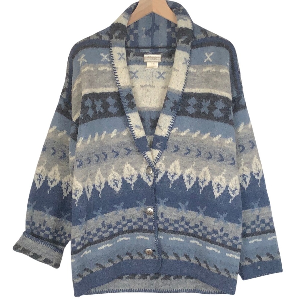Coldwater Creek Blue Cream Patterned Shaggy Knit Cardigan Sweater